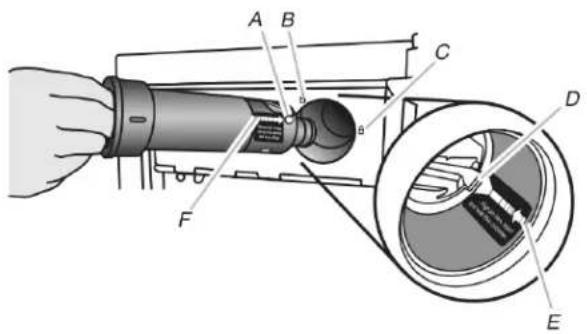 Technical diagram of a flashlight with labeled components A through F, showing internal wiring and component layout.