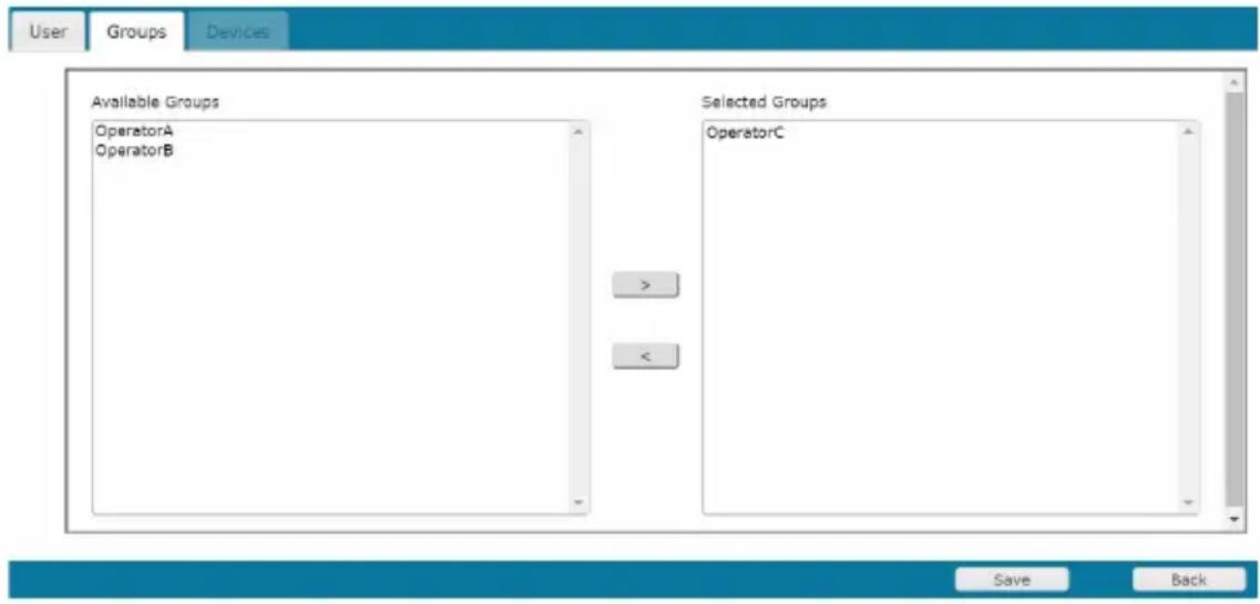 User Groups Devices Available Groups OperatorA OperatorB Selected Groups OperatorC > < Save Back