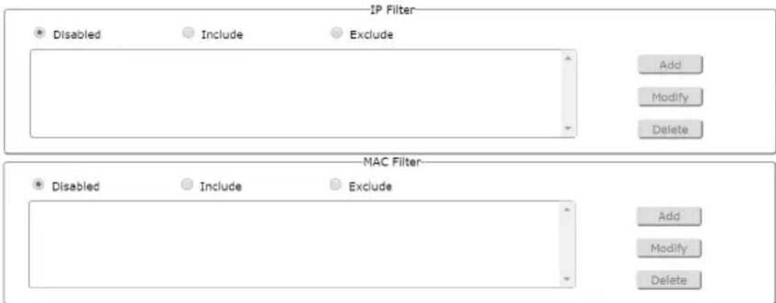 IP Filter Disabled Include Exclude Add Modify Delete MAC Filter Disabled Include Exclude Add Modify Delete