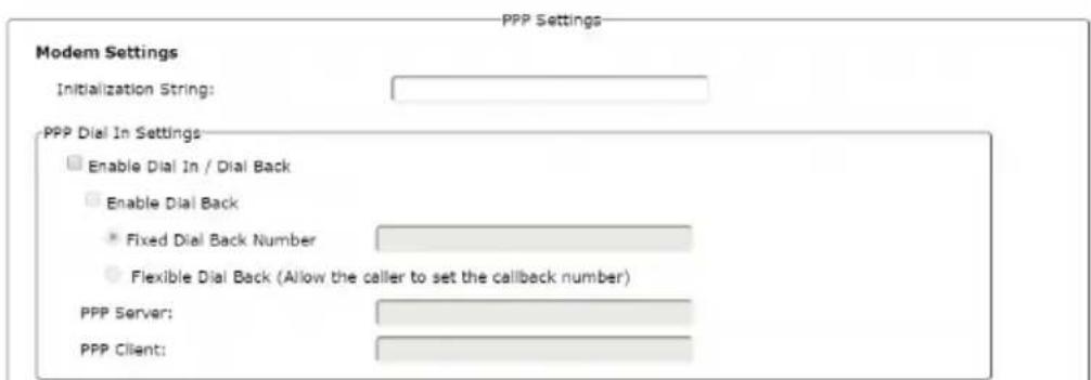 PPP Settings Modem Settings Initialization String: PPP Dial In Settings Enable Dial In / Dial Back Enable Dial Back Fixed Dial Back Number Flexible Dial Back (Allow the caller to set the callback number) PPP Server: PPP Client: