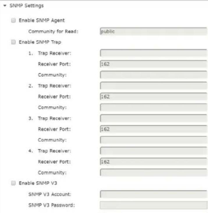 SNMP Settings Enable SNMP Agent Community for Read: public Enable SNMP Trap 1. Trap Receiver: Receiver Port: 162 Community: 2. Trap Receiver: Receiver Port: 162 Community: 3. Trap Receiver: Receiver Port: 162 Community: 4. Trap Receiver: Receiver Port: 162 Community: Enable SNMP V3 SNMP V3 Account: SNMP V3 Password: