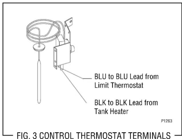 BLU to BLU Lead from Limit Thermostat BLK to BLK Lead from Tank Heater P1263 FIG. 3 CONTROL THERMOSTAT TERMINALS