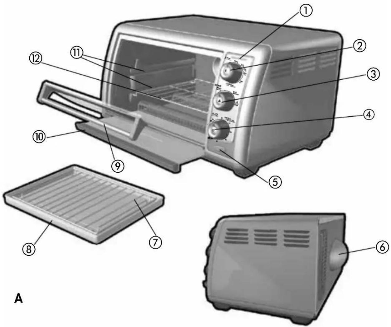 Labeled diagram of a microwave oven showing interior components and exterior view