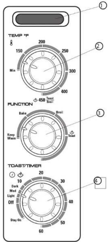 TEMP °F 150 200 250 300 400 450 Toast Broil MIN FUNCTION Bake Broil Keep Warm Toast TOAST/TIMER 10 20 30 40 60 Stay On Dark Med Light Off