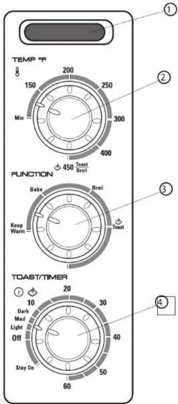 TEMP °F 150 200 250 300 400 450 Toast Broil FUNCTION Bake Broil Keep Warm Toast TOAST/TIMER 10 20 30 40 Dark Med Light Off Stay On 60