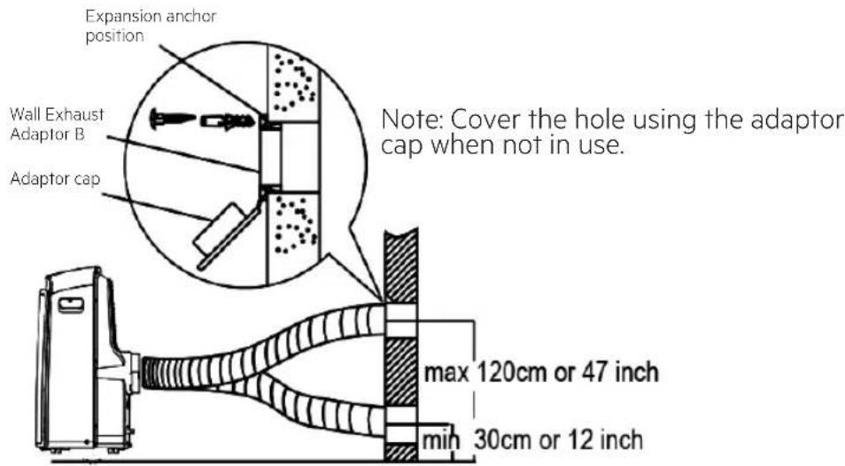 Expansion anchor position Wall Exhaust Adaptor B Adaptor cap Note: Cover the hole using the adaptor cap when not in use. max 120cm or 47 inch min 30cm or 12 inch