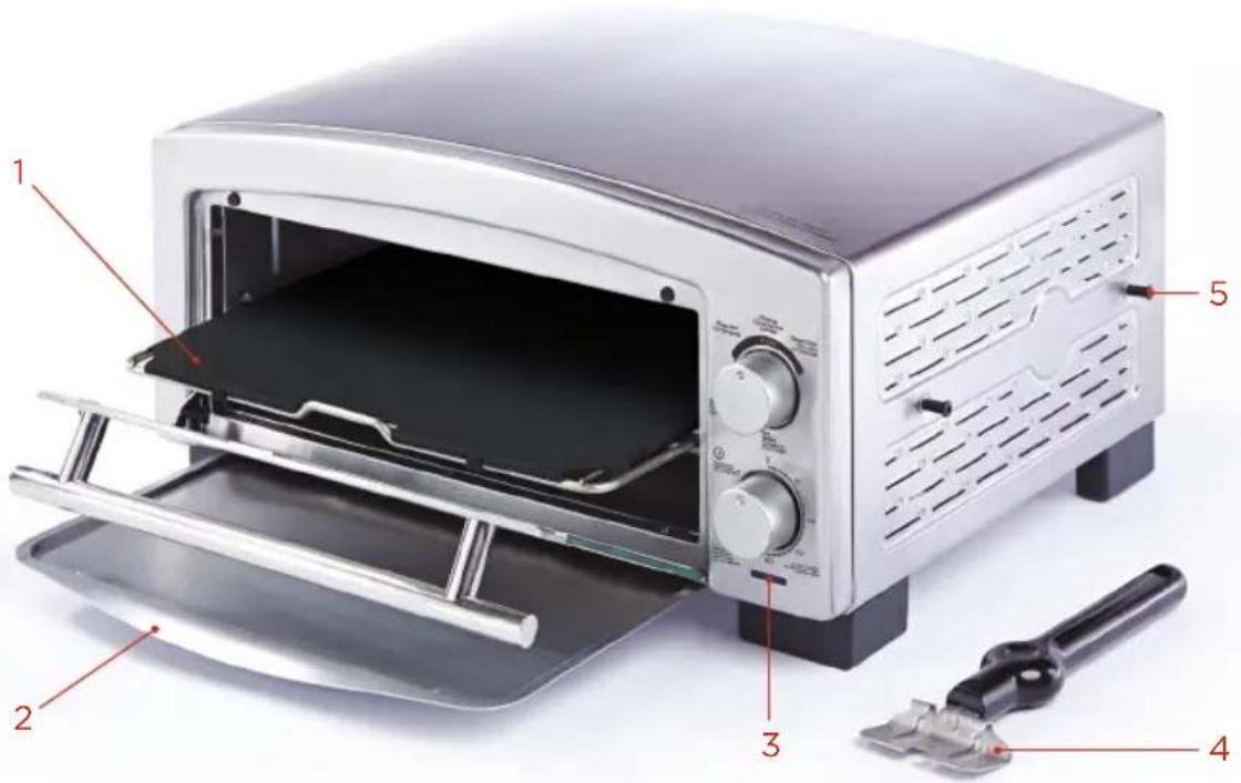 Labeled diagram of a microwave oven showing interior components and parts for cooking or cleaning.