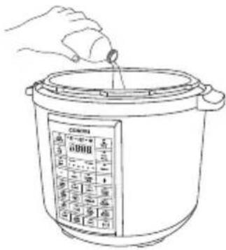 Line drawing of a hand pouring liquid into a rice cooker with a digital display showing temperature and temperature readings.