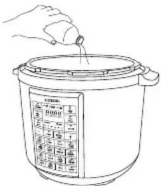 Line drawing of a hand pouring liquid into a rice cooker with a digital display showing temperature and volume data.