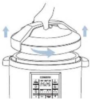 Diagram showing a hand pressing down on a device with directional arrows indicating motion or force, labeled 'COM/01' at the bottom.