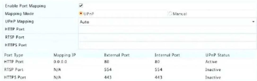 Enable Port Mapping Mapping Mode UPnP Mapping HTTP Port RTSP Port HTTPS Port Port Type Mapping IP External Port Internal Port UPnP Status HTTP Port 0.0.0.0 80 80 Active RTSP Port N/A 554 554 Inactive HTTPS Port N/A 443 443 Inactive