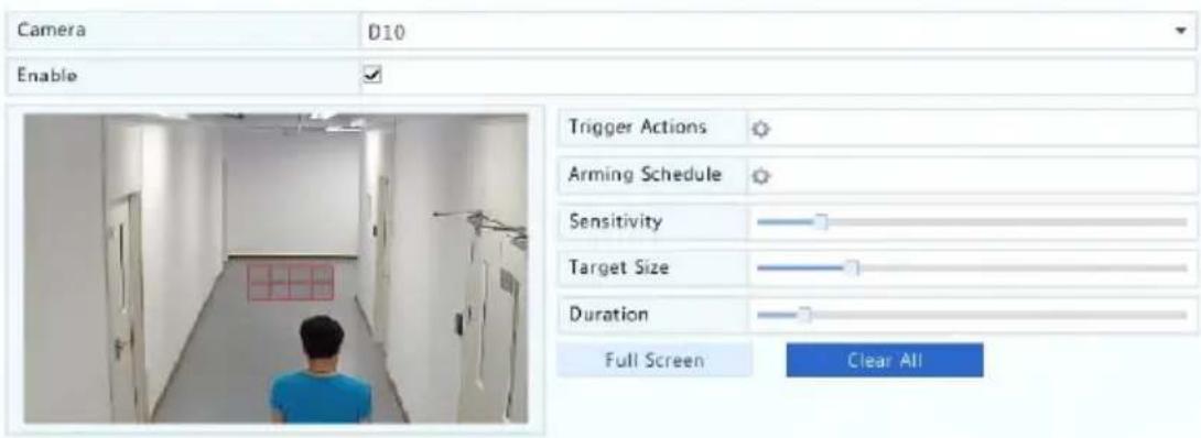 Camera D10 Enable Trigger Actions Arming Schedule Sensitivity Target Size Duration Full Screen Clear All