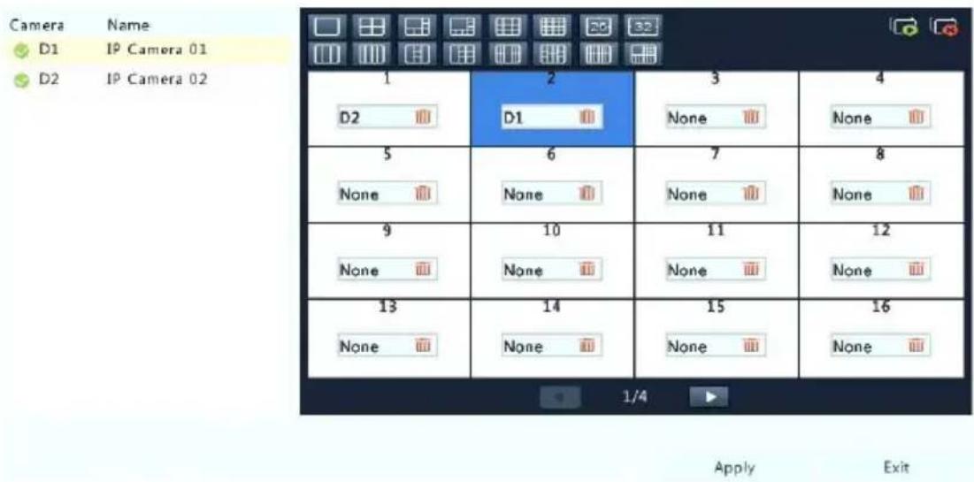 Camera Name D1 IP Camera 01 D2 IP Camera 02 1 D2 2 D1 3 None 4 None 5 None 6 None 7 None 8 None 9 None 10 None 11 None 12 None 13 None 14 None 15 None 16 None 1/4 Apply Exit