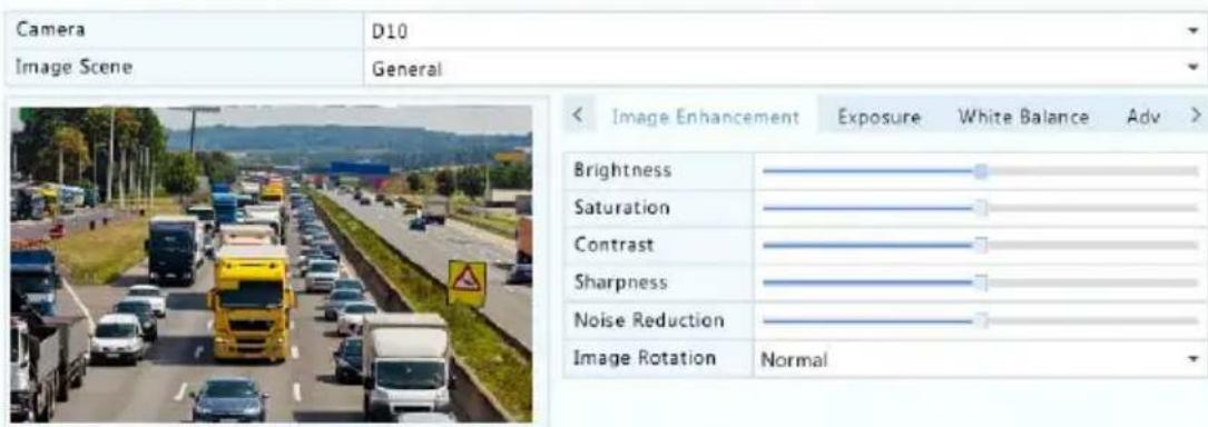 Camera Image Scene D10 General < Image Enhancement Exposure White Balance Adv > Brightness Saturation Contrast Sharpness Noise Reduction Image Rotation Normal