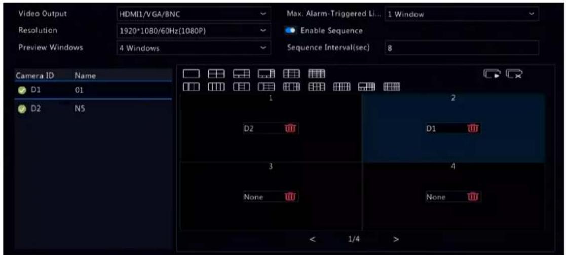 Video Output HDMI1/VGA/BNC Max. Alarm-Triggered Li... 1 Window Resolution 1920*1080/60Hz(1080P) Enable Sequence Preview Windows 4 Windows Sequence Interval(sec) 8 Camera ID Name D1 01 D2 NS 1 2 D2 D1 3 4 None None < 1/4 >