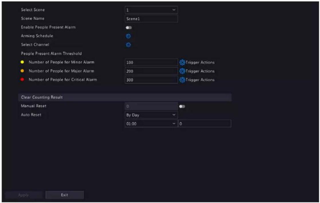 Select Scene 1 Scene Name Scene1 Enable People Present Alarm Arming Schedule Select Channel People Present Alarm Threshold Number of People for Minor Alarm 100 Trigger Actions Number of People for Major Alarm 200 Trigger Actions Number of People for Critical Alarm 300 Trigger Actions Clear Counting…