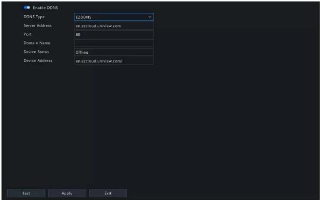 Enable DDNS DDNS Type EZDDNS Server Address=en.ezcloud.uniview.com Port 80 Domain Name Device Status Offline Device Address=en.ezcloud.uniview.com/ Test Apply Exit