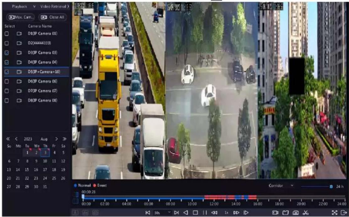 Playback Video Retrieval Max. Cam... Close All Select Camera Name D1(IP Camera 01) D2(44444333) D3(IP Camera 03) D4(IP Camera 04) D5(IP • Camera +10) D6(IP Camera 06) D7(IP Camera 07) D8(IP Camera 08) 2023 Aug Su Mo Tu We Th Fr Sa 1 2 3 4 5 6 7 8 9 10 11 12 13 14 15 16 17 18 19 20 21 22 23 24 25 26…