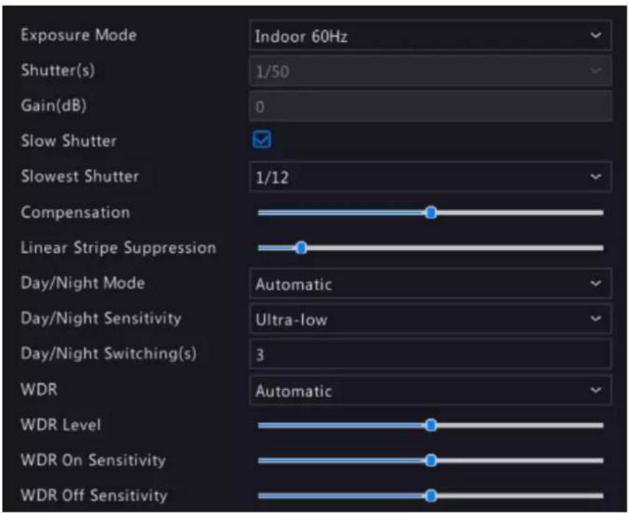 Exposure Mode Shutter(s) Gain(dB) Slow Shutter Slowest Shutter Compensation Linear Stripe Suppression Day/Night Mode Day/Night Sensitivity Day/Night Switching(s) WDR WDR Level WDR On Sensitivity WDR Off Sensitivity Indoor 60Hz 1/50 0 1/12 Automatic Ultra-low 3 Automatic