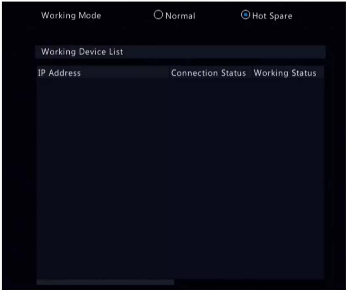 Working Mode Normal Hot Spare Working Device List IP Address Connection Status Working Status