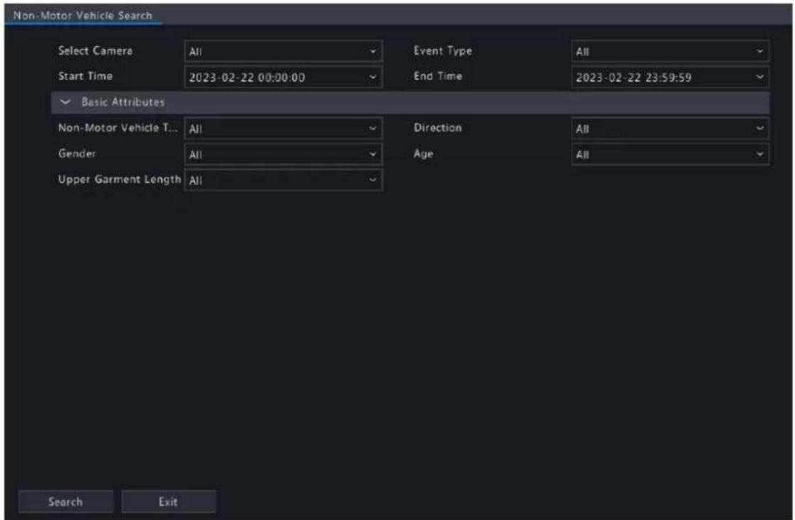 Non-Motor Vehicle Search Select Camera All Event Type All Start Time 2023-02-22 00:00:00 End Time 2023-02-22 23:59:59 Basic Attributes Non-Motor Vehicle T... All Direction All Gender All Age All Upper Garment Length All Search Exit
