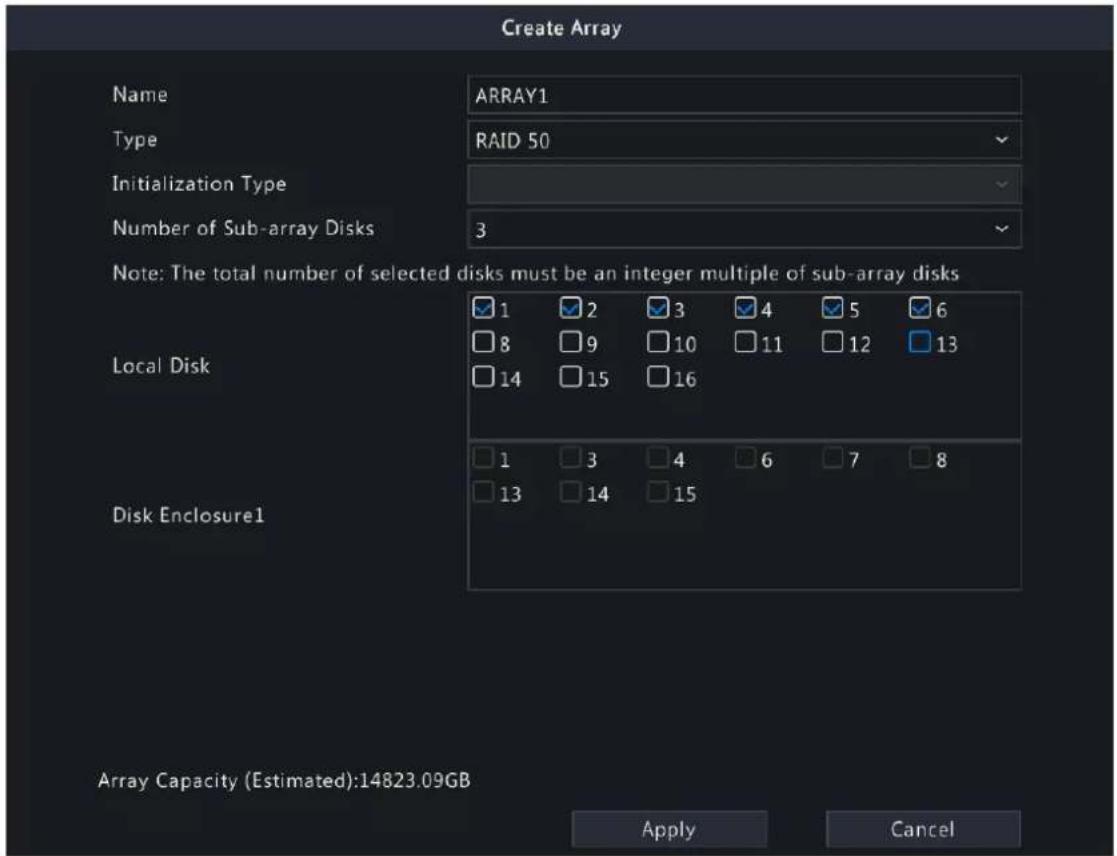 Create Array Name ARRAY1 Type RAID 50 Initialization Type Number of Sub-array Disks 3 Note: The total number of selected disks must be an integer multiple of sub-array disks Local Disk Disk Enclosure1 1 2 3 4 5 6 8 9 10 11 12 13 14 15 16 1 3 4 6 7 8 13 14 15 Array Capacity (Estimated):14823.09GB App…