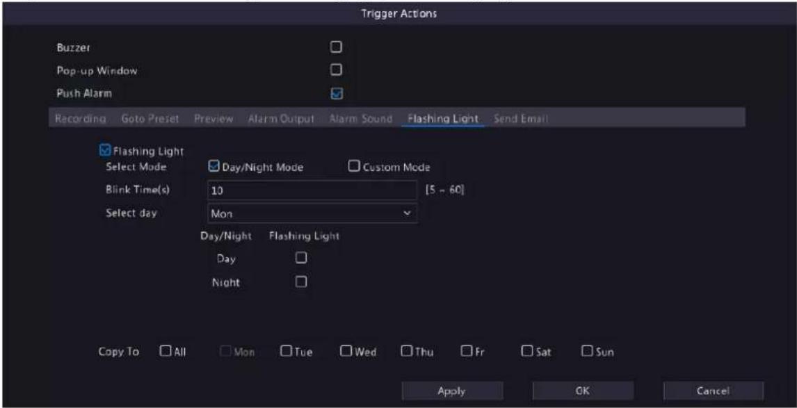 Trigger Actions Buzzer Pop-up Window Push Alarm Recording Goto Preset Preview Alarm Output Alarm Sound Flashing Light Send Email Flashing Light Select Mode Day/Night Mode Custom Mode Blink Time(s) 10 [5 - 60] Select day Mon Day/Night Flashing Light Day Night Copy To All Mon Tue Wed Thu Fr Sat Sun Ap…