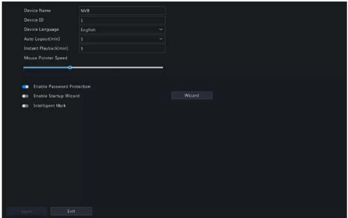 Device Name NVR Device ID 1 Device Language English Auto Logout(min) 5 Instant Playback(min) 5 Mouse Pointer Speed Enable Password Protection Enable Startup Wizard Intelligent Mark Wizard Apply Exit