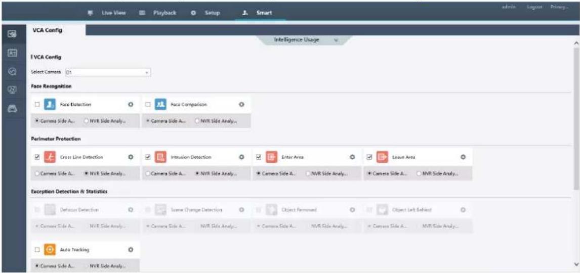 VCA Config Intelligence Usage VCA Config Select Camera D1 Face Recognition Face Detection Face Comparison Camera Side A... NVR Side Analy... Camera Side A... NVR Side Analy... Perimeter Protection Cross Line Detection Intrusion Detection Enter Area Leave Area Camera Side A... NVR Side Analy... Camer…