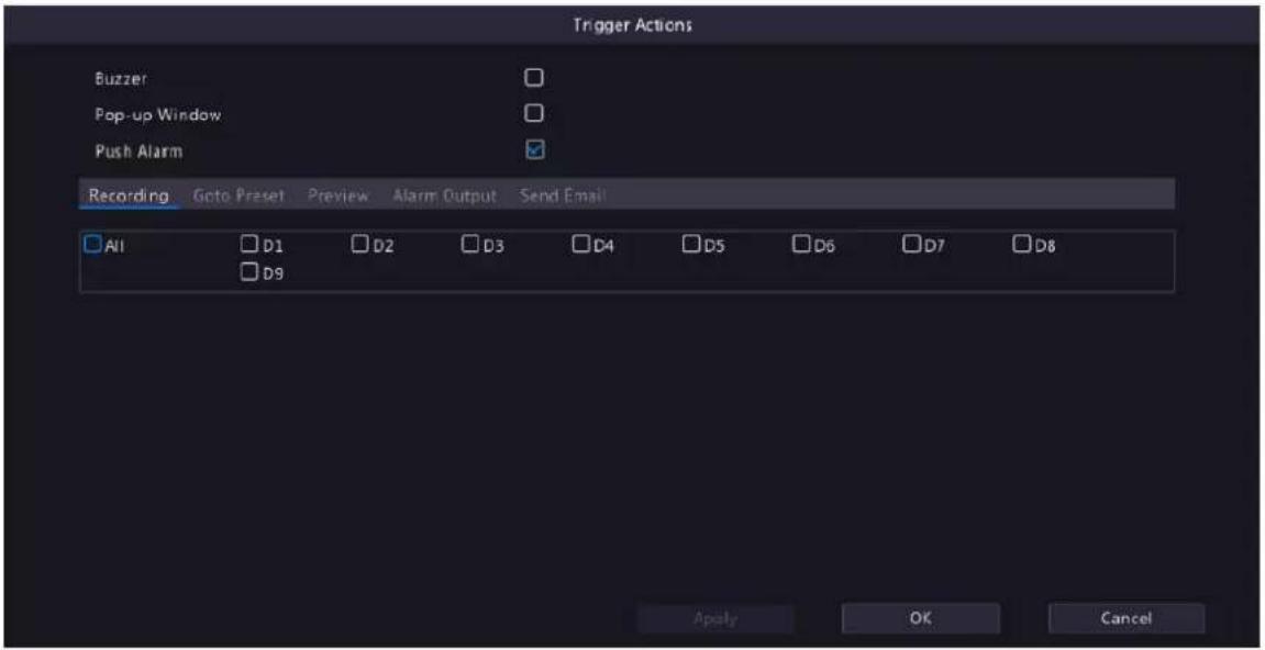 Trigger Actions Buzzer Pop-up Window Push Alarm Recording Goto Preset Preview Alarm Output Send Email AI D1 D2 D3 D4 D5 D6 D7 D8 D9 Apply OK Cancel
