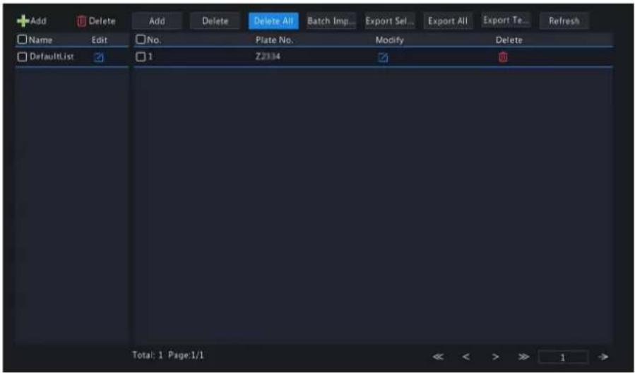 Add Delete Add Delete Delete All Batch Imp... Export Sel... Export All Export Te... Refresh Name Edit No. Plate No. Modify Delete DefaultList 1 22334 Total: 1 Page:1/1 << < > >> 1 >