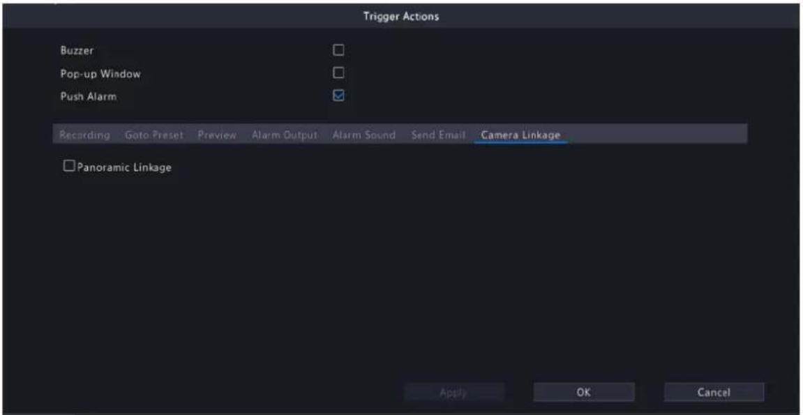 Trigger Actions Buzzer Pop-up Window Push Alarm Recording Goto Preset Preview Alarm Output Alarm Sound Send Email Camera Linkage Panoramic Linkage Apply OK Cancel