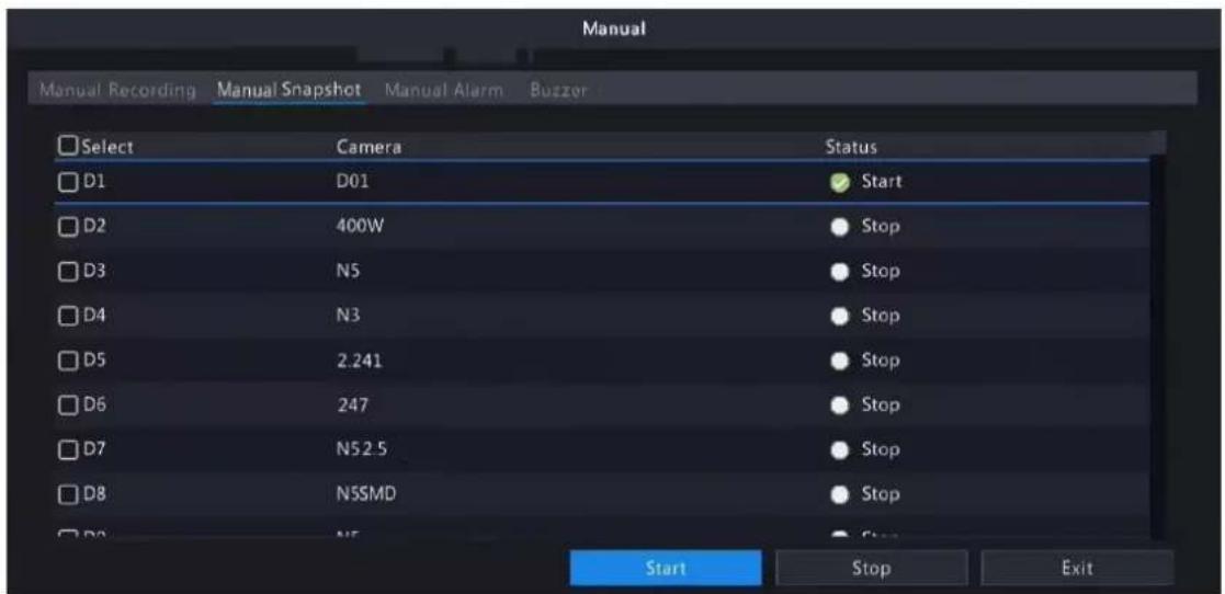 Manual Manual Recording Manual Snapshot Manual Alarm Buzzer Select Camera Status D1 D01 Start D2 400W Stop D3 N5 Stop D4 N3 Stop D5 2.241 Stop D6 247 Stop D7 N52.5 Stop D8 NSSMD Stop D9 NF Stop Start Stop Exit