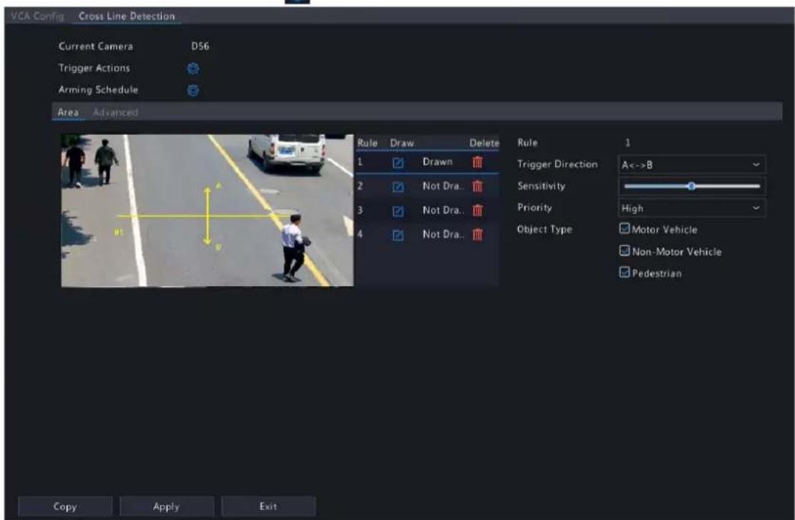 VCA Config Cross Line Detection Current Camera D56 Trigger Actions Arming Schedule Area Advanced Rule Draw Delete 1 ✓ Drawn ✓ 2 ✓ Not Dra.. ✓ 3 ✓ Not Dra.. ✓ 4 ✓ Not Dra.. ✓ Rule 1 Trigger Direction A<->B Sensitivity Priority High Object Type ☐ Motor Vehicle ☐ Non-Motor Vehicle ☐ Pedestrian Copy App…