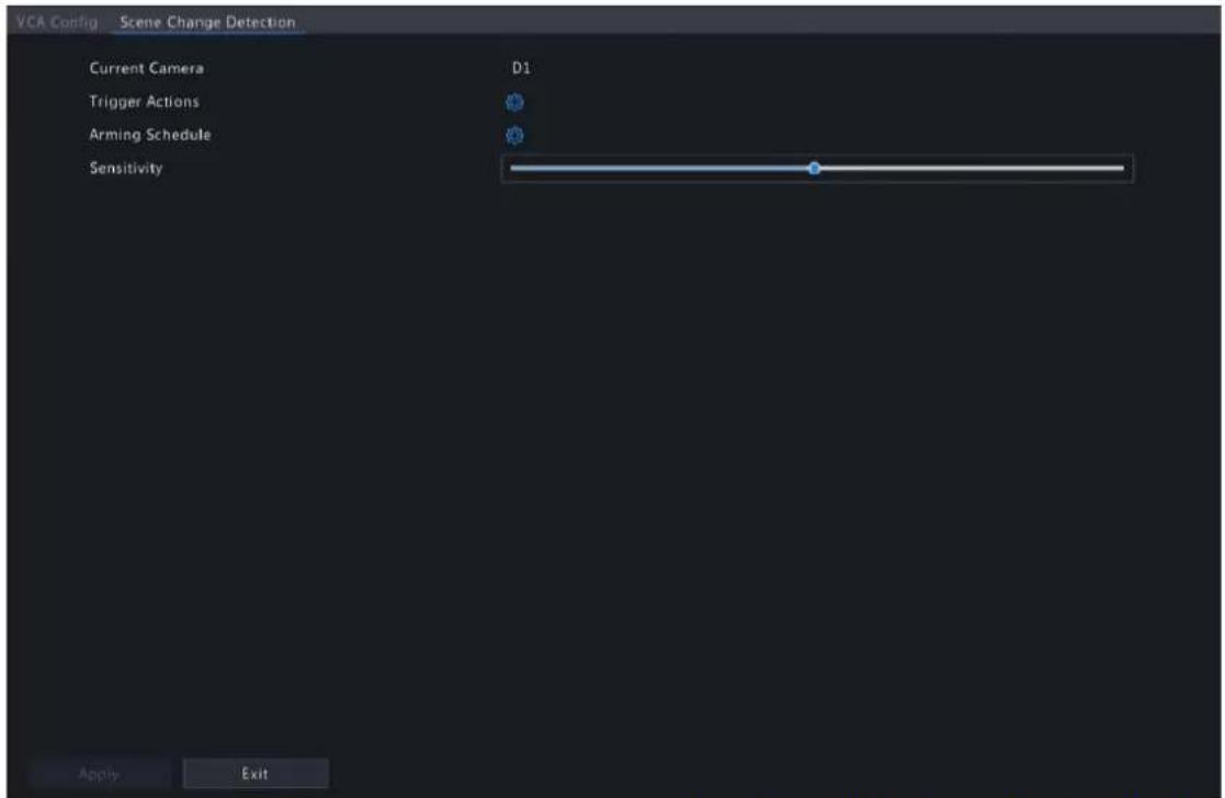 VCA Config Scene Change Detection Current Camera D1 Trigger Actions Arming Schedule Sensitivity Apply Exit