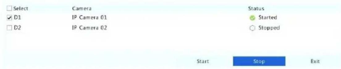 Select Camera Status ✓ D1 IP Camera 01 ✓ Started □ D2 IP Camera 02 ○ Stopped Start Stop Exit
