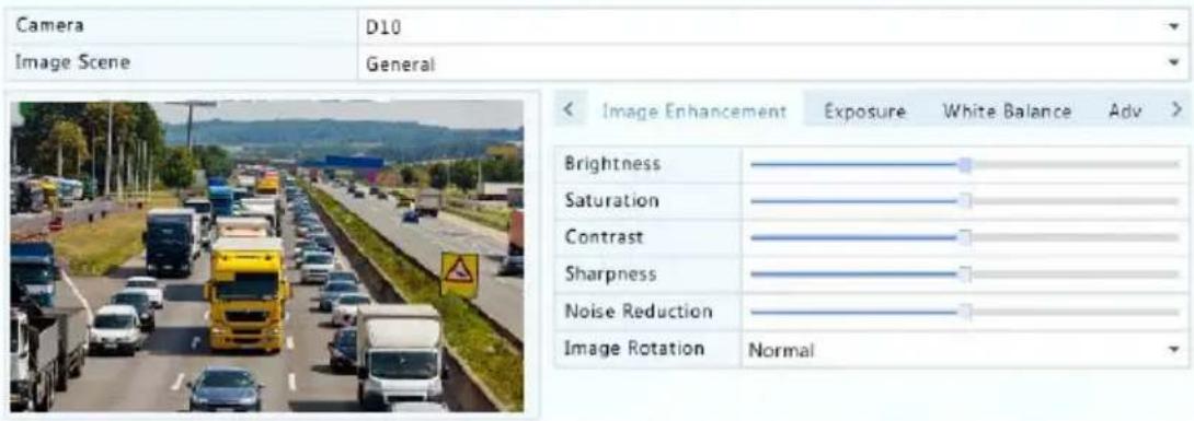 Camera D10 Image Scene General < Image Enhancement Exposure White Balance Adv > Brightness Saturation Contrast Sharpness Noise Reduction Image Rotation Normal