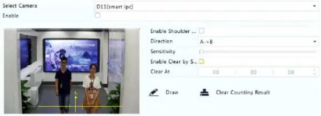 Select Camera Enable D11(smart ipc) Enable Shoulder ... Direction A->B Sensitivity Enable Clear by S... Clear At 00 : 00 : 00 Draw Clear Counting Result