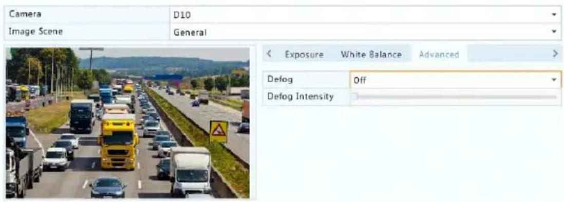 Camera Image Scene D10 General < Exposure White Balance Advanced > Defog Off Defog Intensity