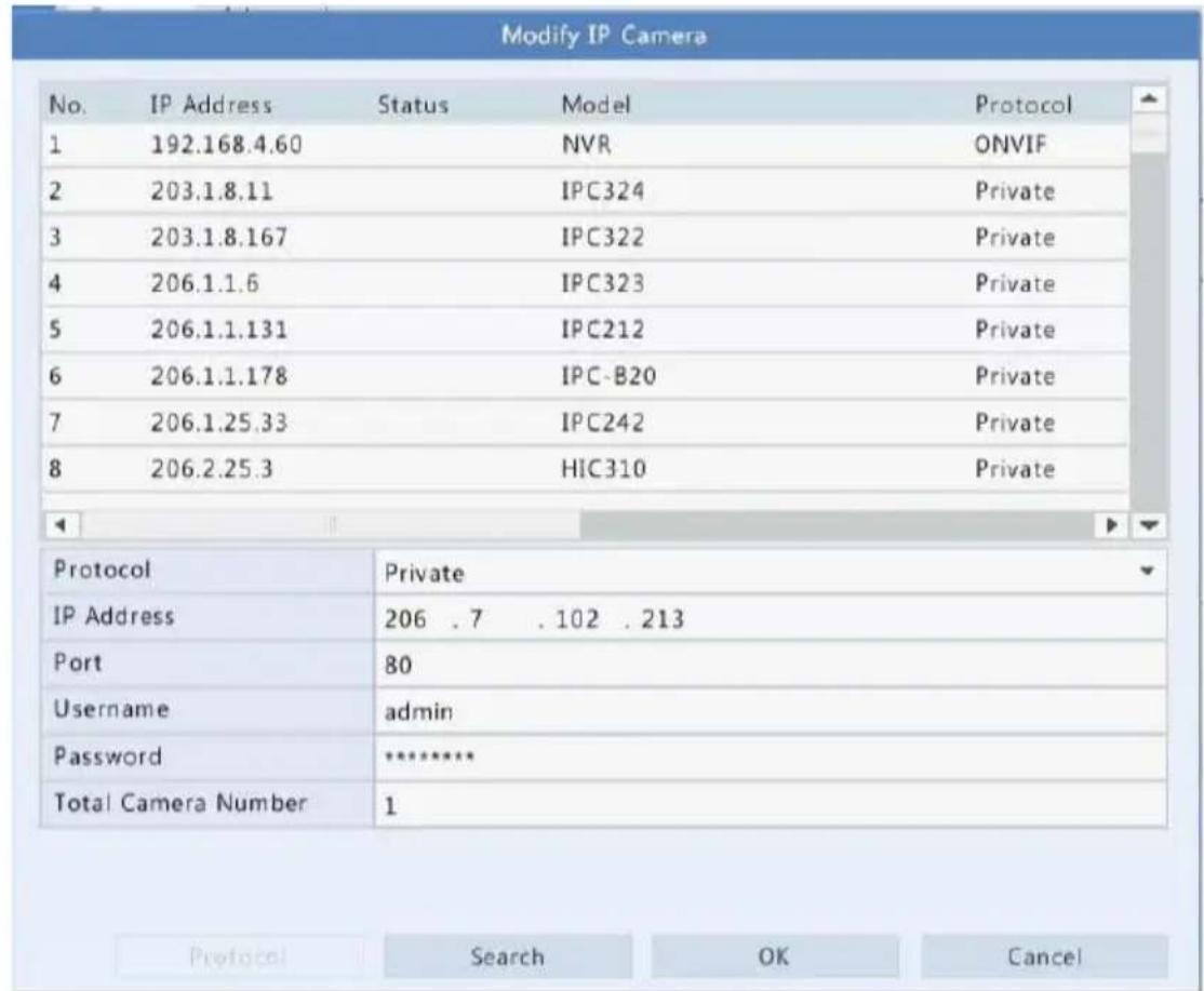 Modify IP Camera No. IP Address Status Model Protocol 1 192.168.4.60 NVR ONVIF 2 203.1.8.11 IPC324 Private 3 203.1.8.167 IPC322 Private 4 206.1.1.6 IPC323 Private 5 206.1.1.131 IPC212 Private 6 206.1.1.178 IPC-B20 Private 7 206.1.25.33 IPC242 Private 8 206.2.25.3 HIC310 Private Protocol Private IP Address 206 .7 .102 .213 Port 80 Username admin Password ********** Total Camera Number 1 Protocol Search OK Cancel
