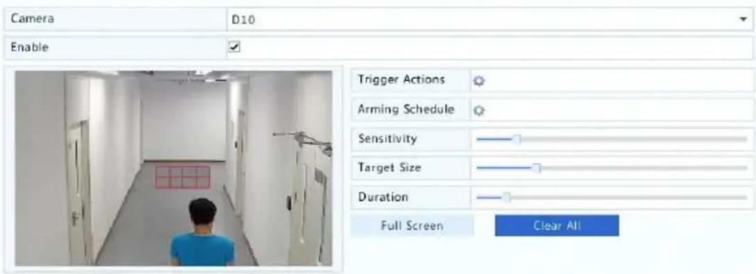 Camera D10 Enable Trigger Actions Arming Schedule Sensitivity Target Size Duration Full Screen Clear All