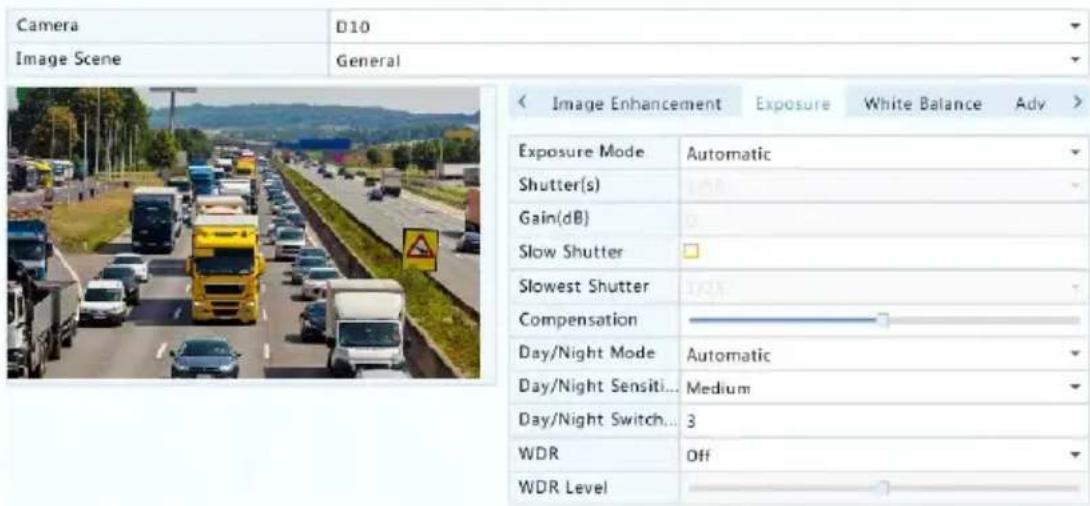 Camera D10 Image Scene General < Image Enhancement Exposure White Balance Adv > Exposure Mode Automatic Shutter(s) Gain(dB) Slow Shutter Slowest Shutter Compensation Day/Night Mode Automatic Day/Night Sensiti... Medium Day/Night Switch... 3 WDR Off WDR Level