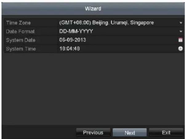 Wizard Time Zone (GMT+08:00) Beijing, Urumqi, Singapore Date Format DD-MM-YYYY System Date 06-09-2013 System Time 18:04:48 Previous Next Exit