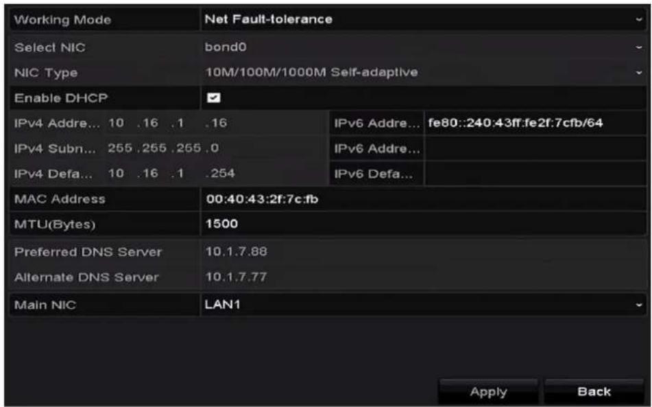 Working Mode Select NIC NIC Type Enable DHCP IPv4 Addre... 10 .16 .1 .16 IPv4 Subn... 255 .255 .255 .0 IPv4 Defa... 10 .16 .1 .254 MAC Address MTU(Bytes) Preferred DNS Server Alternate DNS Server Main NIC Net Fault-tolerance bond0 10M/100M/1000M Self-adaptive IPv6 Addre... fe80::240:43ff:fe2f:7cfb/64 IPv6 Addre... IPv6 Defa... 00:40:43:2f:7c:fb 1500 10.1.7.88 10.1.7.77 LAN1 Apply Back