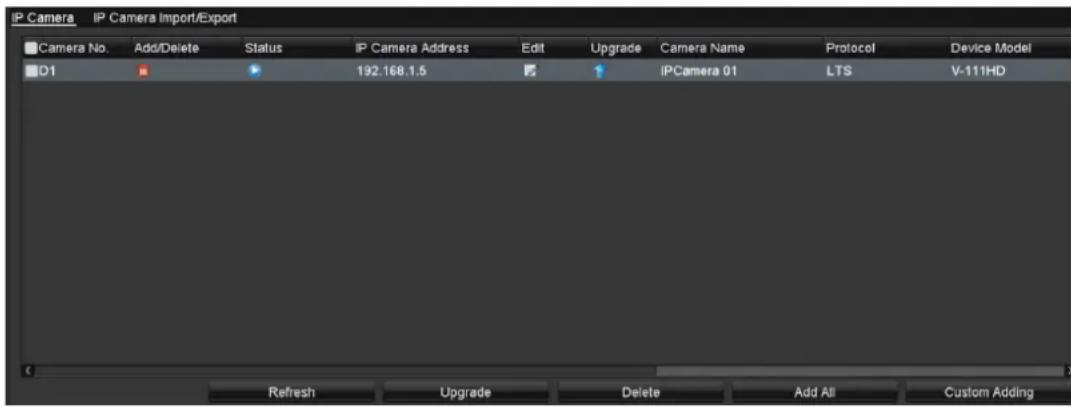 IP Camera IP Camera Import/Export Camera No. Add/Delete Status IP Camera Address Edit Upgrade Camera Name Protocol Device Model D1 192.168.1.5 IPCamera 01 LTS V-111HD Refresh Upgrade Delete Add All Custom Adding