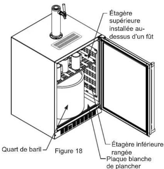 Étagère supérieure installée au-dessus d'un fût Étagère inférieure rangée Plaque blanche de plancher Quart de baril Figure 18