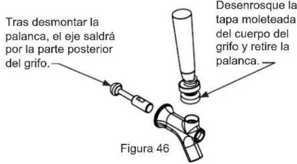 Tras desmontar la palanca, el eje saldrá por la parte posterior del grifo. Desenrosque la tapa moleteada del cuerpo del grifo y retire la palanca. Figura 46