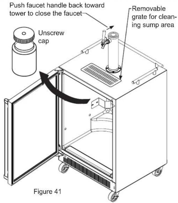 Push faucet handle back toward tower to close the faucet Unscrew cap Removable grate for cleaning sump area Figure 41