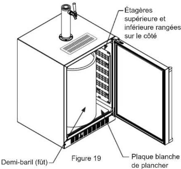 Étagères supérieure et inférieure rangées sur le côté Demi-baril (fût) Figure 19 Plaque blanche de plancher