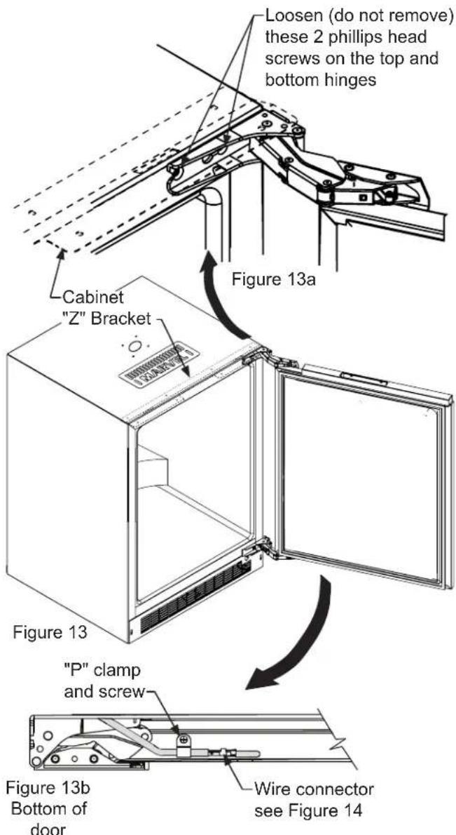 Loosen (do not remove) these 2 phillips head screws on the top and bottom hinges Cabinet "Z" Bracket Figure 13a Figure 13 "P" clamp and screw Figure 13b Bottom of door Wire connector see Figure 14